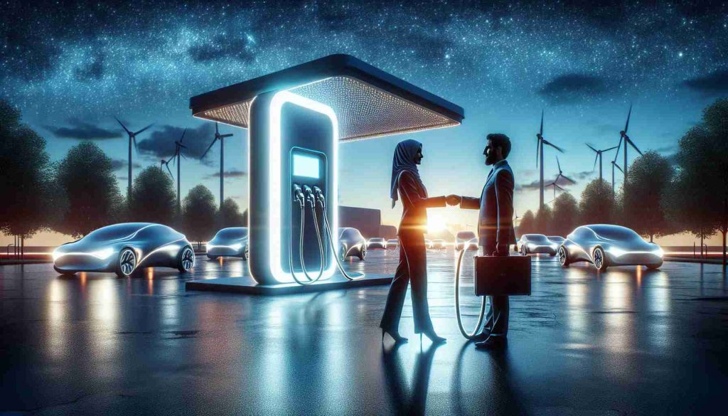 Generating an image of a futuristic setting. The focal point is a large, innovative charging station designed for electric fleets, emitting a gentle neon glow. Nearby, two silhouettes of professionals, a Middle-Eastern woman and a Hispanic man, shake hands, symbolizing a partnership. The ambient light reflecting off their figures suggests a sense of agreement and unity. Their backdrop is an array of parked electric vehicles waiting to be charged. The sky is a deep twilight blue, peppered with distant, shimmering stars, evoking a sense of revolution and the start of a new era in transportation.