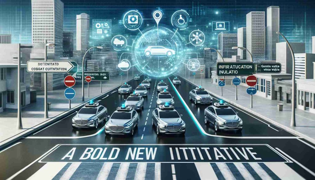 High-definition image representing the concept of the future of autonomous vehicles. Visualize a network of self-driving cars on a modern city's streets, equipped with high-tech features for efficiency and safety. The scene can symbolize a new initiative, which could include a wide road banner or signpost reading 'A Bold New Initiative'. Incorporate elements that reflect preparedness, such as traffic signs denoting legal and safety regulations, technology interfaces showing vehicle analytics, and possible infrastructure adaptations for these vehicles.