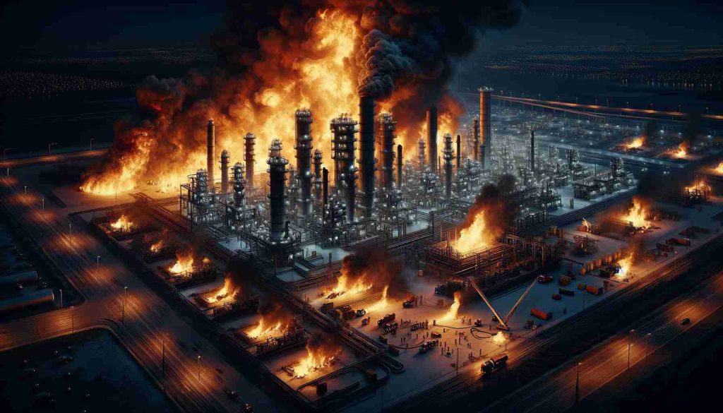 A realistic, high-definition photograph of a significant fire at a large energy facility. The flames are lashing out, turning night into day with their harsh, chaotic light. Nearby, emergency response teams work tirelessly, trying to contain the blaze. There's a sense of mystery in the air, with a question hanging heavily: what caused this massive fire?