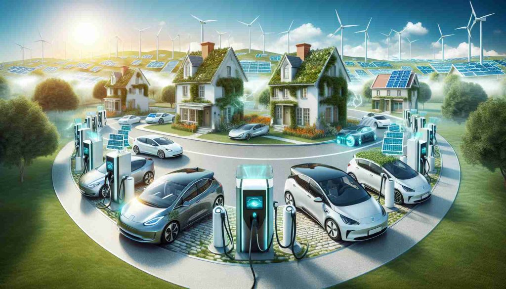 A realistic high-definition scene illustrating the transformation of the electric vehicle (EV) landscape. Show various EVs in a suburban neighborhood, each connected to home charging stations in their driveways. Home charging stations displaying modern design and high-tech features, which are changing the game. The sky above filled with clean energy symbols like sunshine and wind turbines, representing a greener future.