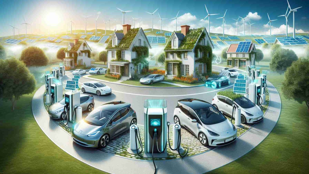 A realistic high-definition scene illustrating the transformation of the electric vehicle (EV) landscape. Show various EVs in a suburban neighborhood, each connected to home charging stations in their driveways. Home charging stations displaying modern design and high-tech features, which are changing the game. The sky above filled with clean energy symbols like sunshine and wind turbines, representing a greener future.