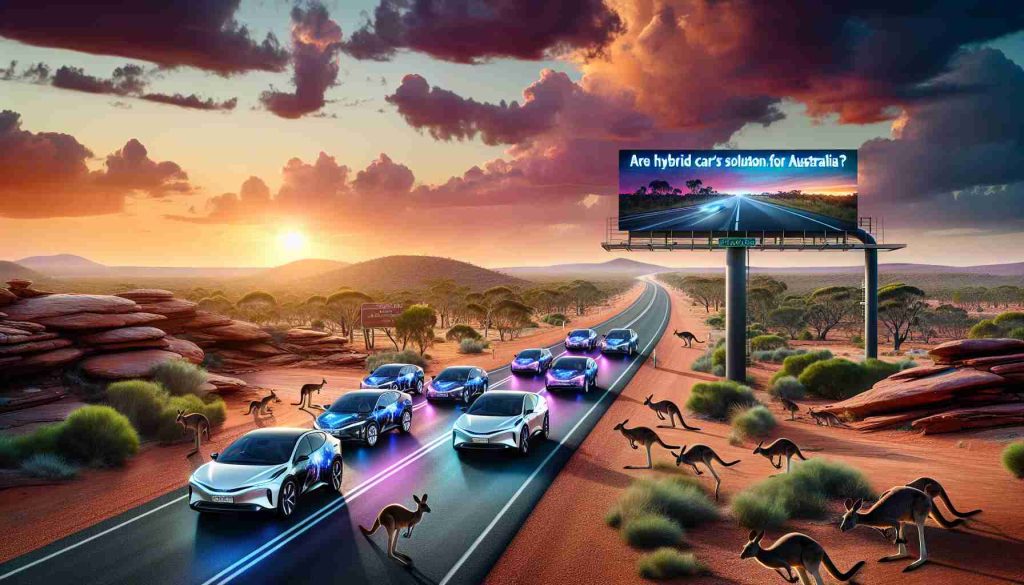 An HD image representing the future of driving in Australia. It depicts a picturesque Australian Outback road during sunset with hybrid cars clustering the road, signifying a sustainable future in transportation. The sky is painted with hues of oranges, purples, and pinks, and kangaroos are seen hopping along the sides of the road. A strategically placed billboard promoting hybrid cars can be seen, featuring the text: 'Are Hybrid Cars the Solution for Australia?'