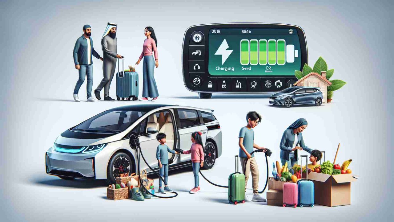 Image of a realistic high-definition scenario where a family is interacting with an electric vehicle. The family is made up of a Middle-Eastern father, an Asian mother, a Caucasian teenage daughter, and a Hispanic young son. They are seen packing various items such as groceries, sports equipment, and luggage into the trunk of the car. Show the charging cable connected to an outlet on a side view. On another side, depict the dashboard with features like GPS system, media player, and eco-friendly metrics like saved fuel and CO2 emissions reduced.