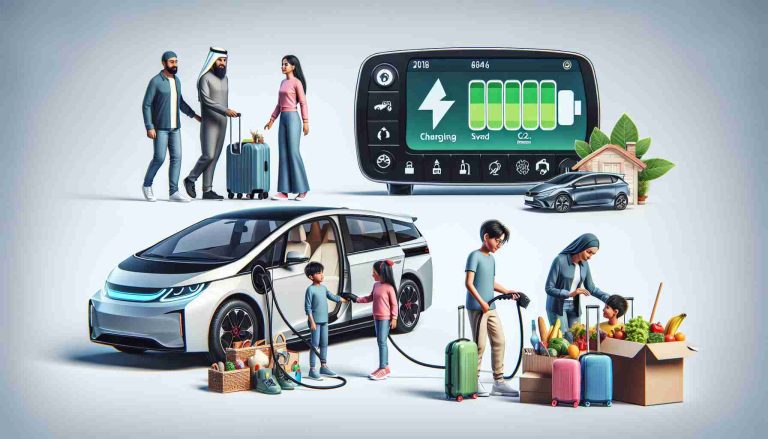 Image of a realistic high-definition scenario where a family is interacting with an electric vehicle. The family is made up of a Middle-Eastern father, an Asian mother, a Caucasian teenage daughter, and a Hispanic young son. They are seen packing various items such as groceries, sports equipment, and luggage into the trunk of the car. Show the charging cable connected to an outlet on a side view. On another side, depict the dashboard with features like GPS system, media player, and eco-friendly metrics like saved fuel and CO2 emissions reduced.