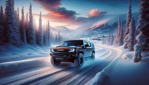 Generate a realistic high-definition image of a GMC Hummer EV embarking on a winter road trip. The Hummer should be robust and majestic, as it plows through the snowy landscape, while the environment should depict a typical winterscape with snow-covered trees and icy road conditions. In the sky, a touch of the sunset colors reflects on the ice, illuminating the scene with a soft, warm glow.