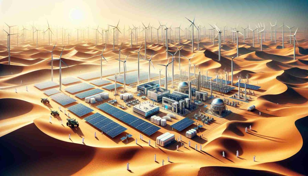 Produce an HD picture showcasing the revolutionary concept of renewable energy in UAE. Illustrate a high-tech facility nestled amidst the desert sands, featuring arrays of solar panels, advanced wind turbines, and futuristic energy storage units. Emphasize the contrast of modern technology against the traditional desert landscape, accentuating the change in the energy game. Include people of diverse descent and genders operating different components of the facility, showcasing a collaborative effort towards sustainability.