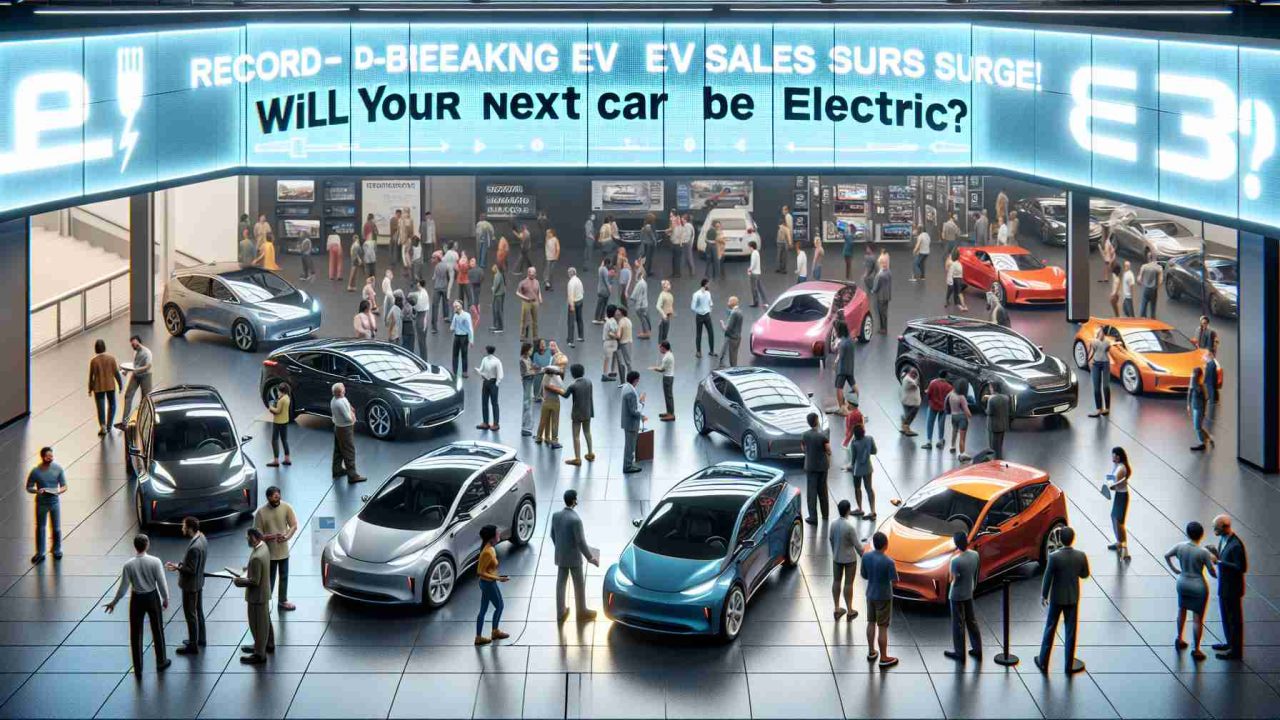 Visualize a realistic HD image of a surge in electric vehicle sales. Show the scene at an electric vehicle dealership, with a variety of modern electric cars lined up, ready for sales. Present a crowd of diverse customers - Caucasian, Black, Asian and Hispanic, of both genders, showing interest and excitement. Intense improvisation of customers discussing their preferences, some closely inspecting the cars, while the sales agents explain the features. Above the scene, a large flashy billboard proclaims, 'Record-Breaking EV Sales Surge! Will Your Next Car Be Electric?'