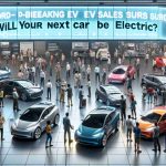 Visualize a realistic HD image of a surge in electric vehicle sales. Show the scene at an electric vehicle dealership, with a variety of modern electric cars lined up, ready for sales. Present a crowd of diverse customers - Caucasian, Black, Asian and Hispanic, of both genders, showing interest and excitement. Intense improvisation of customers discussing their preferences, some closely inspecting the cars, while the sales agents explain the features. Above the scene, a large flashy billboard proclaims, 'Record-Breaking EV Sales Surge! Will Your Next Car Be Electric?'