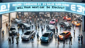 Visualize a realistic HD image of a surge in electric vehicle sales. Show the scene at an electric vehicle dealership, with a variety of modern electric cars lined up, ready for sales. Present a crowd of diverse customers - Caucasian, Black, Asian and Hispanic, of both genders, showing interest and excitement. Intense improvisation of customers discussing their preferences, some closely inspecting the cars, while the sales agents explain the features. Above the scene, a large flashy billboard proclaims, 'Record-Breaking EV Sales Surge! Will Your Next Car Be Electric?'