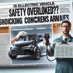 A high-definition, realistic image of a newspaper-style headline saying 'Is Electric Vehicle Safety Being Overlooked? Shocking Concerns Arise'. Accompany it with related imagery such as the silhouette of an Electric Vehicle under inspection, a concerned-looking mechanic with a Caucasian descent and male gender holding up a faulty electric component, and a legal document with warnings and safety concerns. Please ensure all elements maintain the image's feeling of seriousness.