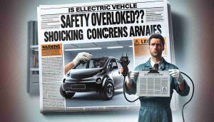 A high-definition, realistic image of a newspaper-style headline saying 'Is Electric Vehicle Safety Being Overlooked? Shocking Concerns Arise'. Accompany it with related imagery such as the silhouette of an Electric Vehicle under inspection, a concerned-looking mechanic with a Caucasian descent and male gender holding up a faulty electric component, and a legal document with warnings and safety concerns. Please ensure all elements maintain the image's feeling of seriousness.