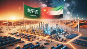 High-Definition photo realistically portraying the concept of a powerful partnership between two nations symbolized by Saudi Arabia and China, collaborating to invest in the future of energy storage. Imagine an imaginative fusion of elements that represent both countries - the vast desert landscapes of Saudi Arabia along with its oil extraction infrastructure contrasted with the distinct architecture and advanced technology of China. As a centerpiece of the imagery, include a symbol of energy storage technologies, such as wind turbines, solar panels or battery arrays.