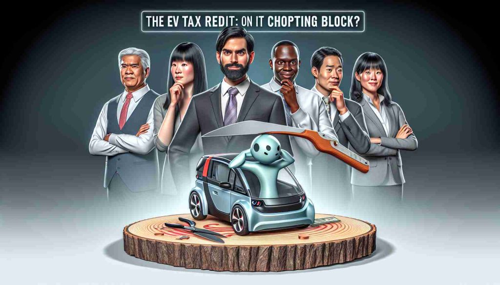 An image featuring a realistic depiction of an anthropomorphized tax credit symbol in the form of Electronic Vehicle (EV) representation standing on a chopping block, with a group of diverse experts portrayed in the background, displaying varied reactions. The group consists of an Asian female, a Black male, a Middle-eastern female and a White male; all are dressed professionally, indicating their roles as financial and automotive industry experts. Above, the title 'The EV Tax Credit: Is It on the Chopping Block?' floats in a stylized banner format.