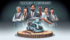 An image featuring a realistic depiction of an anthropomorphized tax credit symbol in the form of Electronic Vehicle (EV) representation standing on a chopping block, with a group of diverse experts portrayed in the background, displaying varied reactions. The group consists of an Asian female, a Black male, a Middle-eastern female and a White male; all are dressed professionally, indicating their roles as financial and automotive industry experts. Above, the title 'The EV Tax Credit: Is It on the Chopping Block?' floats in a stylized banner format.