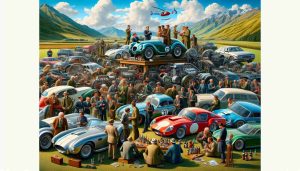 An incredibly detailed and realistic high-definition image showcasing the vibrant motoring scene in New Zealand. The scene vibrantly illustrates an array of various automobiles, including both vintage and modern high-performance vehicles. A mix of people from different descents such as Caucasian, Maori, and Asian are shown interacting, discussing, and sharing their passion for cars. Their faces are full of enthusiasm and insight as they delve into the intricacies of their shared passion for motoring. The backdrop is filled with the stunning, natural beauty that New Zealand is well-known for, such as far-stretching green fields, mountains, and picturesque blue skies.