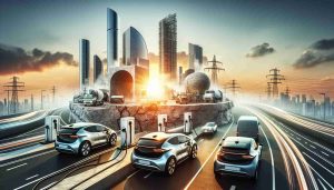 A high-definition, realistic image representing the concept of 'Bold Leap', depicting electric vehicles on the horizon implying a future-forward direction. Additionally, it features symbolic representation of a forthcoming initial public offering (IPO) for a cement company. The scene can include elements like charging stations, hybrid vehicles, the rising sun, and a sleek, glass skyscraper symbolizing the corporate world of IPOs. The skyscraper could be adorned with cement textures and aesthetics to signify the specifics of the cement company IPO.