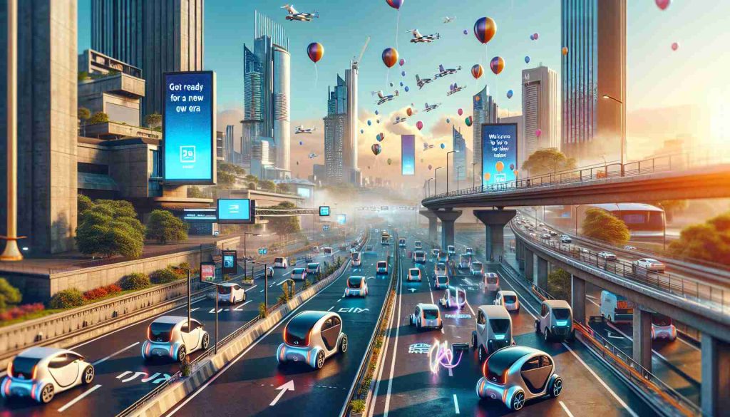 A realistic high-definition image that represents the concept of 'Exciting Changes Ahead for Pune’s Electric Vehicles'. The scene should depict a futuristic cityscape of Pune, India with modern infrastructure, bustling with electric vehicles of various designs. The sky above is filled with celebratory balloons representing the enthusiasm and readiness for the new era. Some placards and billboards may display slogans like 'Get Ready for a New Era' or 'Welcome to the Future of Transport'.