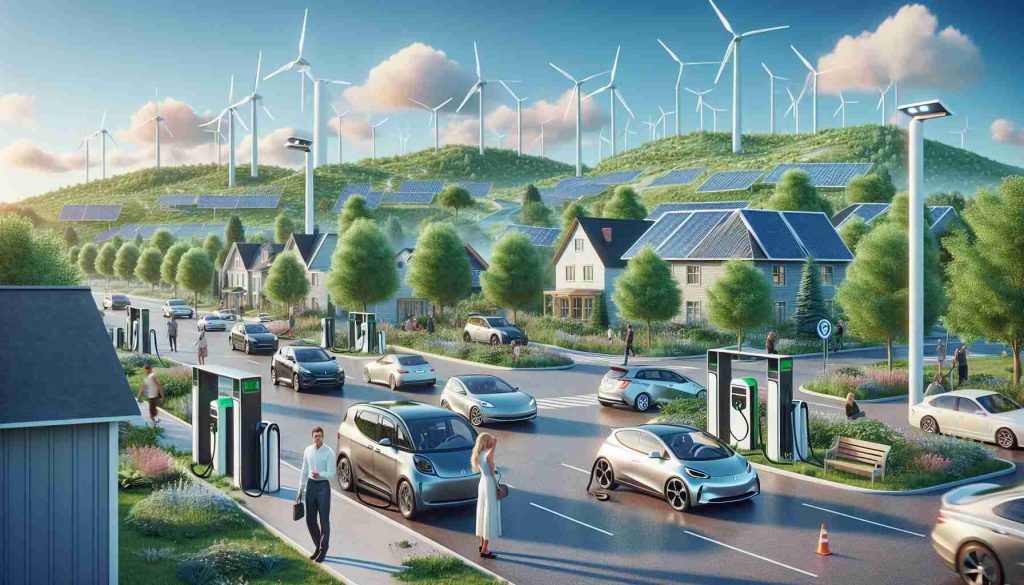 High definition, realistic image depicting the concept of an electric vehicle (EV) revolution in a calm residential setting, typified by a place like Oak Park. We should see green tree-lined streets with a variety of EVs parked and in motion. Wind power turbines and solar panels are seen in the background, symbolizing a green energy revolution. Citizens, diverse in gender and race, are interacting with the environment, charging their vehicles at sleek modern charging stations that dot the landscape, indicating a move away from traditional fossil fuels and embracing the future of sustainable transport.