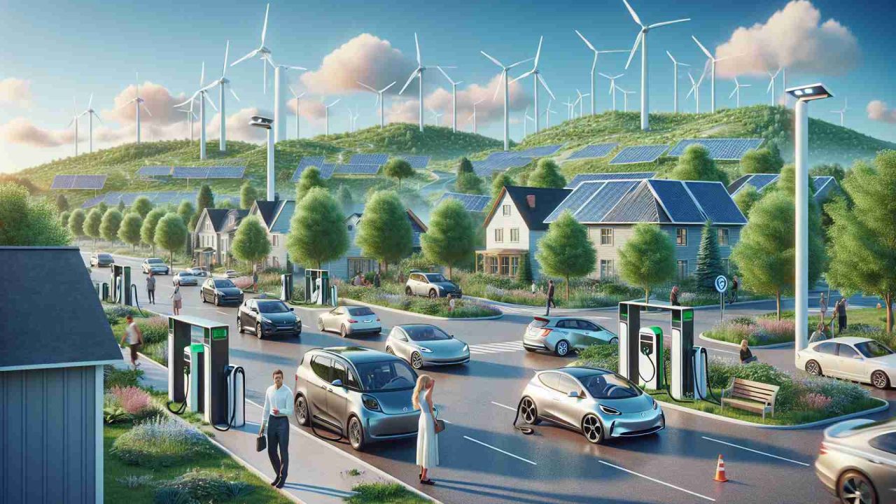 High definition, realistic image depicting the concept of an electric vehicle (EV) revolution in a calm residential setting, typified by a place like Oak Park. We should see green tree-lined streets with a variety of EVs parked and in motion. Wind power turbines and solar panels are seen in the background, symbolizing a green energy revolution. Citizens, diverse in gender and race, are interacting with the environment, charging their vehicles at sleek modern charging stations that dot the landscape, indicating a move away from traditional fossil fuels and embracing the future of sustainable transport.