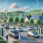 High definition, realistic image depicting the concept of an electric vehicle (EV) revolution in a calm residential setting, typified by a place like Oak Park. We should see green tree-lined streets with a variety of EVs parked and in motion. Wind power turbines and solar panels are seen in the background, symbolizing a green energy revolution. Citizens, diverse in gender and race, are interacting with the environment, charging their vehicles at sleek modern charging stations that dot the landscape, indicating a move away from traditional fossil fuels and embracing the future of sustainable transport.