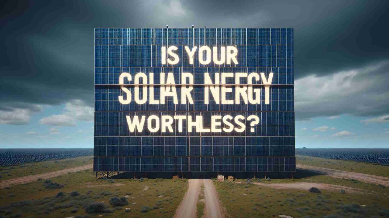 A hyper-realistic, high-definition (HD) image displaying the question 'Is Your Solar Energy Worthless?' in bold, impactful letters against a thought-provoking backdrop. This could be a solar panel farm under an overcast sky, symbolizing concern and uncertainty, thereby implying a shocking revelation about solar energy.