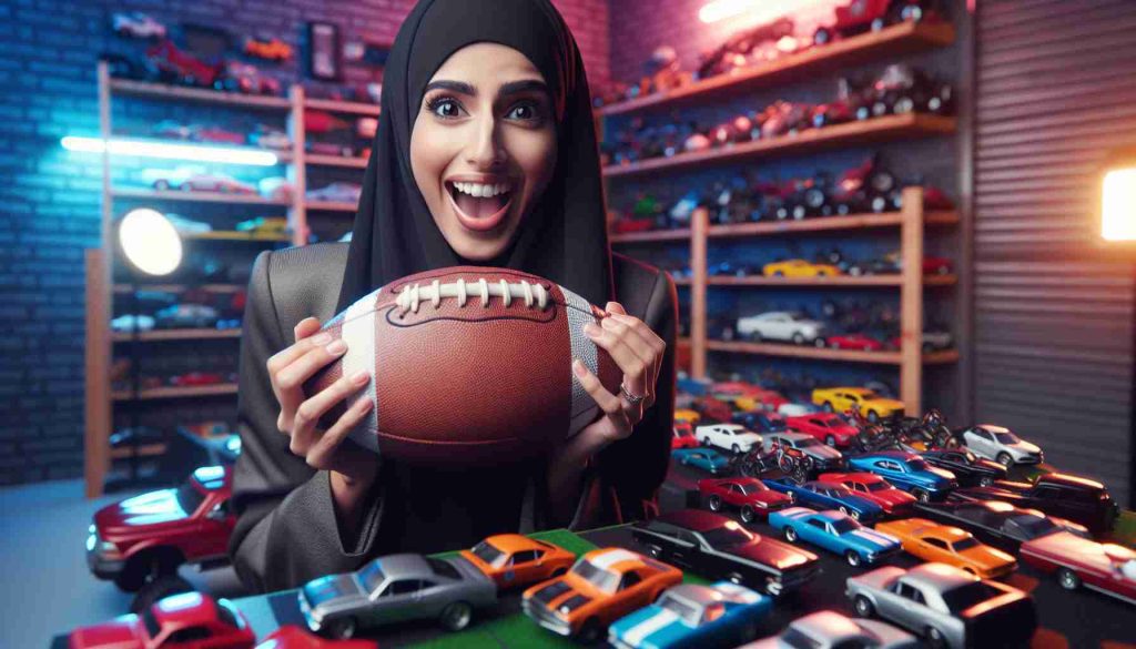 An HD image showing a car enthusiast in a vibrant environment filled with auto memorabilia. The individual is a Middle-Eastern woman with an excited expression as she clutches a football tightly in her hands, revealing her preference for this sport over rugby. The background is a garage, home to an impressive collection of scale model cars and automobile parts. The football, distinct and colourful, stands out in stark contrast against the backdrop of motoring collectibles.