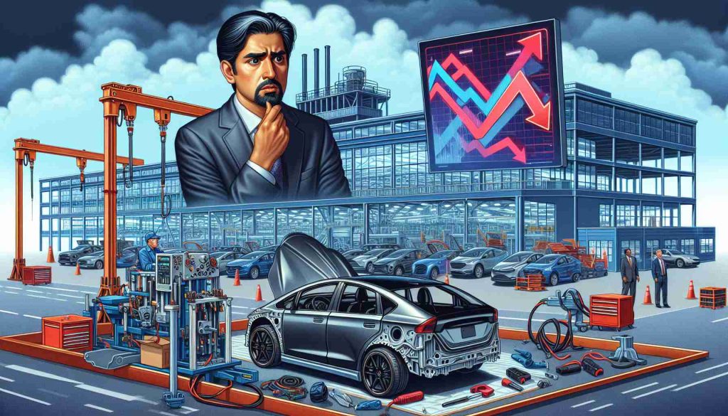 Vivid and detailed illustration of a concerned auto industry executive who is South Asian male, looking at graphics representing decreased electric vehicle sales on a screen, set against a backdrop of a large American automotive manufacturing plant. The factory is equipped with modern machinery, including assembly lines for electric cars. In the foreground, there's an electric car in the process of assembly, with tools and components scattered around. The sky overhead is cloudy, symbolizing the uncertain future of the electric automobile industry in the United States.