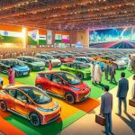 A highly detailed and realistic depiction of India's accelerated progress in the electric vehicle industry. Show an array of new electric vehicle models lined up on a colorful showroom floor, all designed by leading automotive manufacturers. The atmosphere in the showroom is infused with excitement and anticipation, underlied by India’s green energy push. People of a variety of descents, men and women, are admiring these vehicles, showing keen interest in their design and specifications.