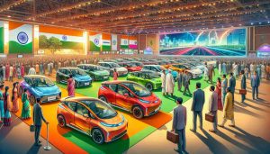 A highly detailed and realistic depiction of India's accelerated progress in the electric vehicle industry. Show an array of new electric vehicle models lined up on a colorful showroom floor, all designed by leading automotive manufacturers. The atmosphere in the showroom is infused with excitement and anticipation, underlied by India’s green energy push. People of a variety of descents, men and women, are admiring these vehicles, showing keen interest in their design and specifications.