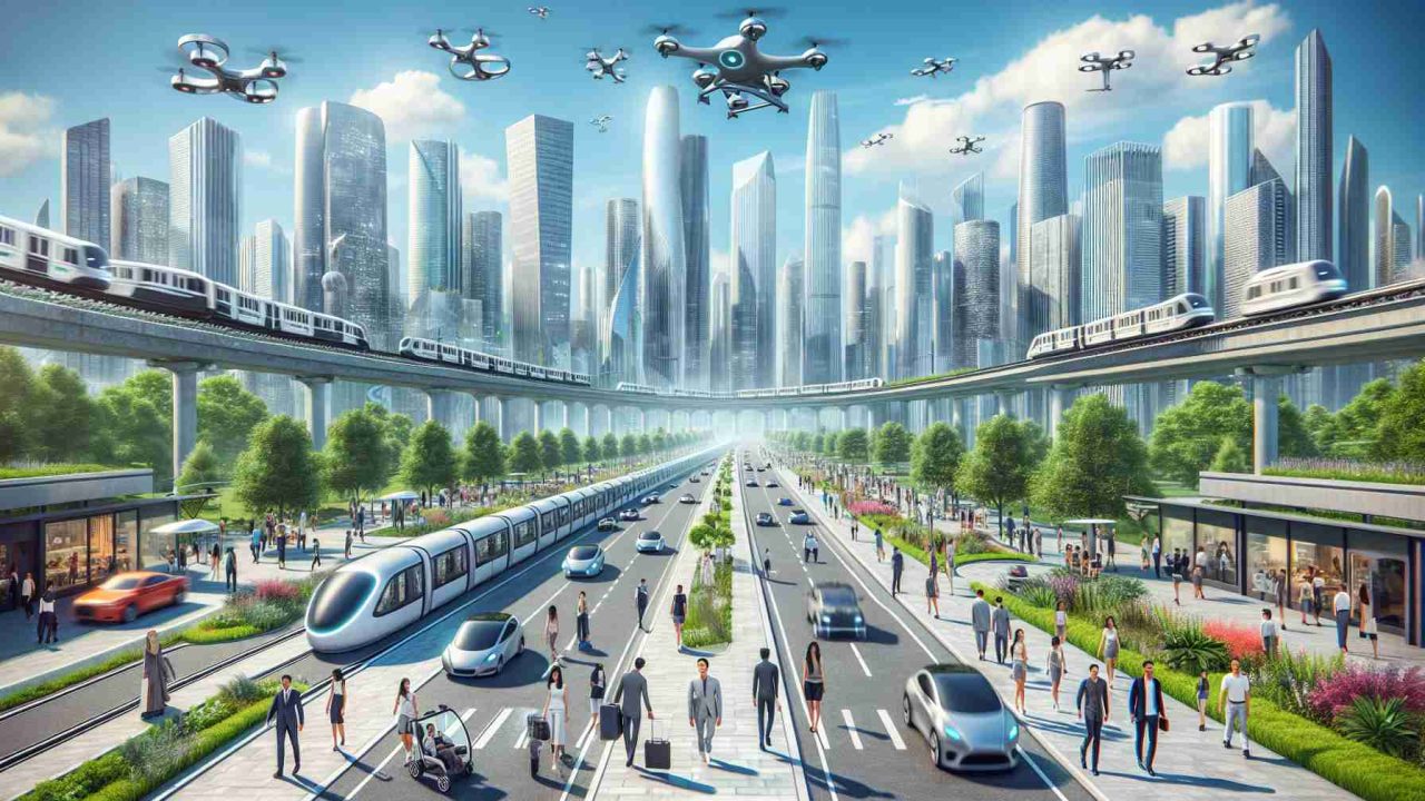 High-definition, realistic scene of revolutionary transportation in the future: Imagine a clean, bustling city with towering skyscrapers and verdant public parks. A network of organized, self-driven and electric vehicles fill the roads, complemented by drone taxis zipping through the sky. Pedestrians, men and women of varying ages and descents (Caucasian, Hispanic, Black, Middle-Eastern, South Asian, White) navigate sidewalks with the help of wearable technology. Public transport includes silent, high-speed, emission-free trains sliding on magnetic tracks. The scene exudes a sense of advanced technology, eco-friendliness, and a harmonious blend of urban and green spaces.