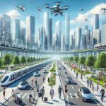 High-definition, realistic scene of revolutionary transportation in the future: Imagine a clean, bustling city with towering skyscrapers and verdant public parks. A network of organized, self-driven and electric vehicles fill the roads, complemented by drone taxis zipping through the sky. Pedestrians, men and women of varying ages and descents (Caucasian, Hispanic, Black, Middle-Eastern, South Asian, White) navigate sidewalks with the help of wearable technology. Public transport includes silent, high-speed, emission-free trains sliding on magnetic tracks. The scene exudes a sense of advanced technology, eco-friendliness, and a harmonious blend of urban and green spaces.