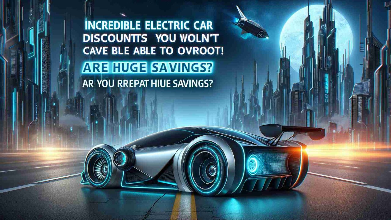 Create an ultra high definition, lifelike image portraying significant savings on a futuristic electric car. The image should include emphasis on the words 'Incredible electric car discounts you won't be able to overlook! Are you prepared for huge savings?'