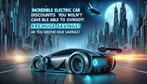 Create an ultra high definition, lifelike image portraying significant savings on a futuristic electric car. The image should include emphasis on the words 'Incredible electric car discounts you won't be able to overlook! Are you prepared for huge savings?'