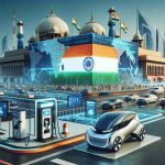 A high-definition image illustrating the concept of India's readiness for an electric vehicle (EV) revolution. The artwork should feature a futuristically designed cityscape of India, with advanced infrastructure such as EV charging stations and sleek, efficient electric vehicles. Billboards and screens displaying messages about the impending EV revolution, as well as symbolic elements signifying the future such as modern architecture and renewable energy sources can also be featured.