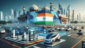 A high-definition image illustrating the concept of India's readiness for an electric vehicle (EV) revolution. The artwork should feature a futuristically designed cityscape of India, with advanced infrastructure such as EV charging stations and sleek, efficient electric vehicles. Billboards and screens displaying messages about the impending EV revolution, as well as symbolic elements signifying the future such as modern architecture and renewable energy sources can also be featured.