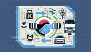 High definition image of a major shift towards electric vehicles: a South Korean technology company partnering with a renowned Japanese car manufacturer known for producing electric cars. Illustrate a crisp collage of the South Korean company's logo, the Japanese car manufacturer's emblem, an electric vehicle model, and symbols of partnership such as a handshake or intertwining arrows.