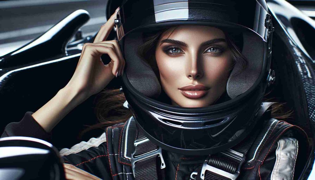 A high-definition photo that captures the spirit of the car racing scene. At the center of the image is a female figure who embodies the essence of this thrilling sport. She has an athletic build, similar to a race car driver, and is poised with confidence. She dons professional race gear including high-speed helmet and suit, an undeniable charm radiating from her. This woman is reminiscent of the inspiring role models within the racing industry, reinforcing the thrill, passion, and dedication that marks this sport.