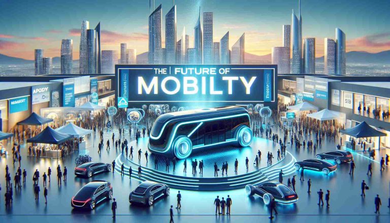 Showcase a realistic, high-definition image of a grand event themed 'The Future of Mobility'. It should capture the excitement of innovation, featuring futuristic transportation devices, interactive exhibitions, and attendees engaged in the activities. Include banners and signage promoting the event.