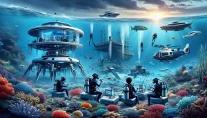 A lifelike, high-definition image showcasing a new era of aquatic exploration titled 'Revolution Underwater: The New Dawn'. The picture features futuristic underwater vehicles, floating research stations, and advanced scuba equipment used by diverse explorers. The explorers include an Asian woman, a Black man, a Hispanic woman, and a Middle-Eastern man investigating the thriving marine life. There are brilliant coral reefs, schools of colorful fish, and sunken relics of past civilizations in the backdrop. The picture carries a sense of profound discovery and respect for the unknown underwater world.