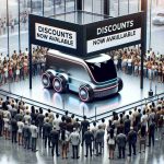 Detailed and high-definition image of an autonomous futuristic truck showcasing a banner that reads 'Discounts Now Available' as a large crowd of diverse individuals, varying in descents like Caucasian, Black, Hispanic, and Middle-Eastern, excitedly gathers around to witness this event. The setting is on an expansive, well-lit showroom, featuring a glass wall providing a peek into a bustling cityscape.