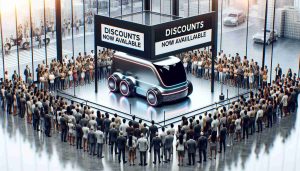 Detailed and high-definition image of an autonomous futuristic truck showcasing a banner that reads 'Discounts Now Available' as a large crowd of diverse individuals, varying in descents like Caucasian, Black, Hispanic, and Middle-Eastern, excitedly gathers around to witness this event. The setting is on an expansive, well-lit showroom, featuring a glass wall providing a peek into a bustling cityscape.