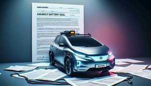 A high-definition, realistic representation of a stalled electric vehicle from Nissan, symbolising ambivalence in their electric vehicle pursuit. The scene also includes documentation suggestive of a tricky battery deal, giving rise to more queries. The document doesn't divulge specifics of the deal but brings out a sense of doubt and uncertainty.