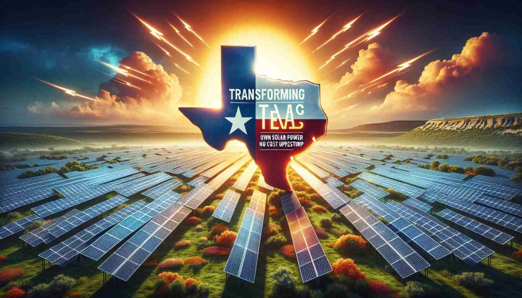 Create a realistic high-definition image that portrays the concept of transforming Texas energy. The scene should showcase an abundance of solar panels spread across a Texan landscape, under a vibrant sun. These panels symbolize solar power, indicated as cost-free, with arrows pointing skyward, suggesting the energy transformation. Include text that reads: 'Own Solar Power with No Cost Upfront'.