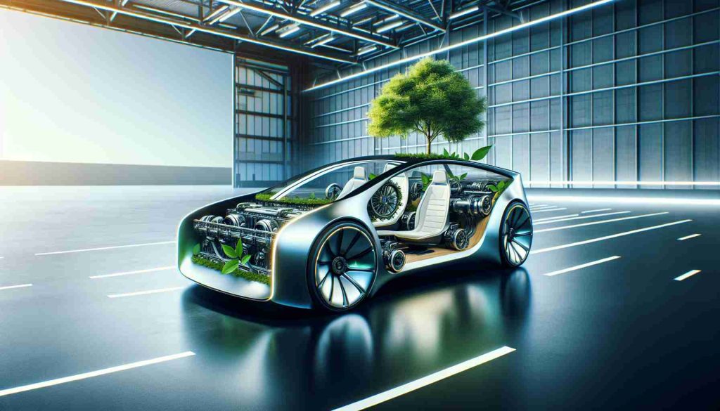 Create an image envisioning a paradigm shift in our perception towards automobiles, showcasing an eco-friendly, futuristic car. This image promotes the sustainable use of resources, and the car bears unique design elements suggestive of advanced technology and minimalistic design. The overall feel of the picture should instill a sense of optimism for a green future.