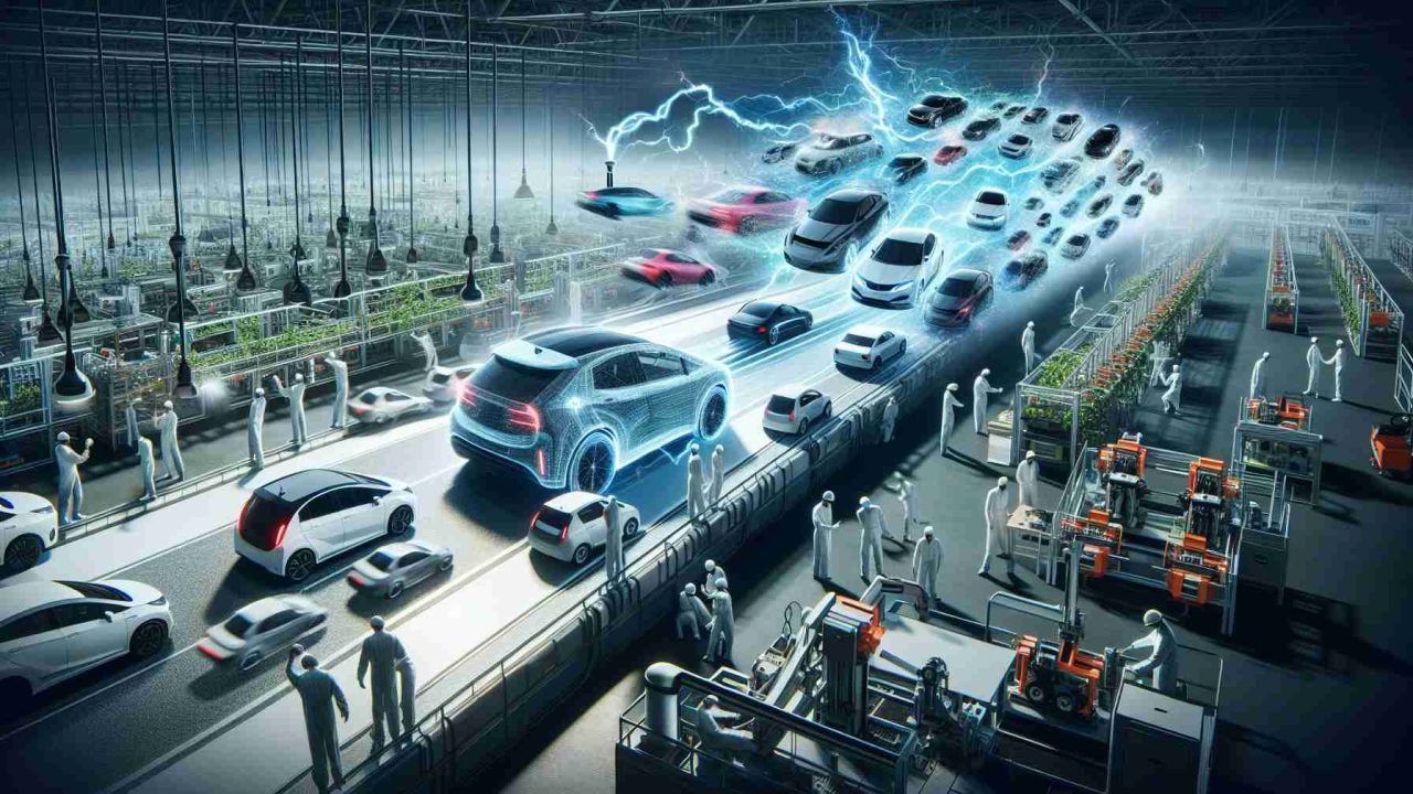 A realistic, high-definition scene depicting the challenges faced by Japanese automakers in the era of electric vehicles. Display the energy and movement of the revolution led by innovative companies in the electric vehicle industry. Include different electric vehicles (avoiding branded names) in the image, meant to symbolize the powerful and emerging competitors. Also, include a backdrop consisting of assembly lines and engineers of various descents and both genders working diligently, portraying the efforts of the Japanese automakers to keep up with the industry developments.