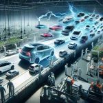 A realistic, high-definition scene depicting the challenges faced by Japanese automakers in the era of electric vehicles. Display the energy and movement of the revolution led by innovative companies in the electric vehicle industry. Include different electric vehicles (avoiding branded names) in the image, meant to symbolize the powerful and emerging competitors. Also, include a backdrop consisting of assembly lines and engineers of various descents and both genders working diligently, portraying the efforts of the Japanese automakers to keep up with the industry developments.