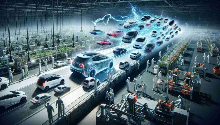 A realistic, high-definition scene depicting the challenges faced by Japanese automakers in the era of electric vehicles. Display the energy and movement of the revolution led by innovative companies in the electric vehicle industry. Include different electric vehicles (avoiding branded names) in the image, meant to symbolize the powerful and emerging competitors. Also, include a backdrop consisting of assembly lines and engineers of various descents and both genders working diligently, portraying the efforts of the Japanese automakers to keep up with the industry developments.