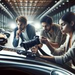 A high-definition, realistic image capturing the essence of automotive journalism. The scene includes a team of three passionate Automotive Journalists at work. One is a Middle-Eastern woman in her thirties, attentively analyzing a luxury car's interior. Another is a South Asian man in his forties, engrossed in capturing perfect shots of the car. The third is a young Black woman, feverishly jotting down notes about the car's performance. They are all situated in an expansive, well-lit car showroom that eloquently mirrors their passion for automobiles.