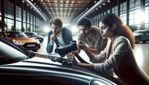 A high-definition, realistic image capturing the essence of automotive journalism. The scene includes a team of three passionate Automotive Journalists at work. One is a Middle-Eastern woman in her thirties, attentively analyzing a luxury car's interior. Another is a South Asian man in his forties, engrossed in capturing perfect shots of the car. The third is a young Black woman, feverishly jotting down notes about the car's performance. They are all situated in an expansive, well-lit car showroom that eloquently mirrors their passion for automobiles.