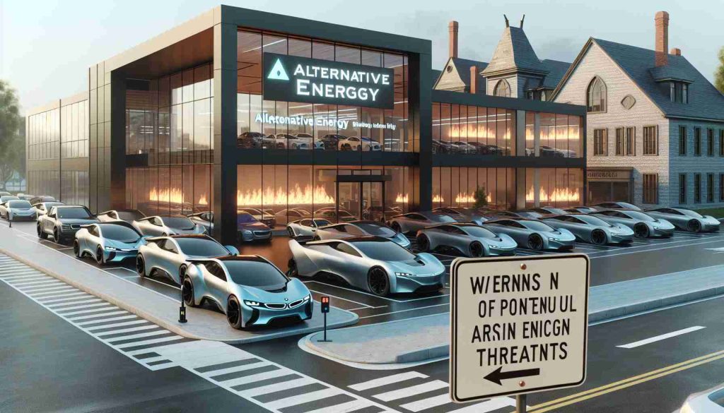 A high-definition realistic image showing a scene of an automobile dealership with alternative energy cars, located in a town environment which is reminiscent of Salem. The dealership features modern design architecture with large glass windows and a diverse array of sleek, futuristic vehicles on display. Signage warns of potential arson threats, enhancing the sense of concern and vigilance.